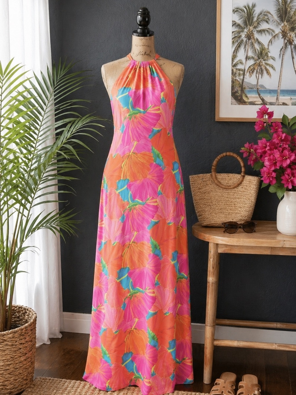 Trina Turk Orange Pink Tropical Halter Maxi Dress